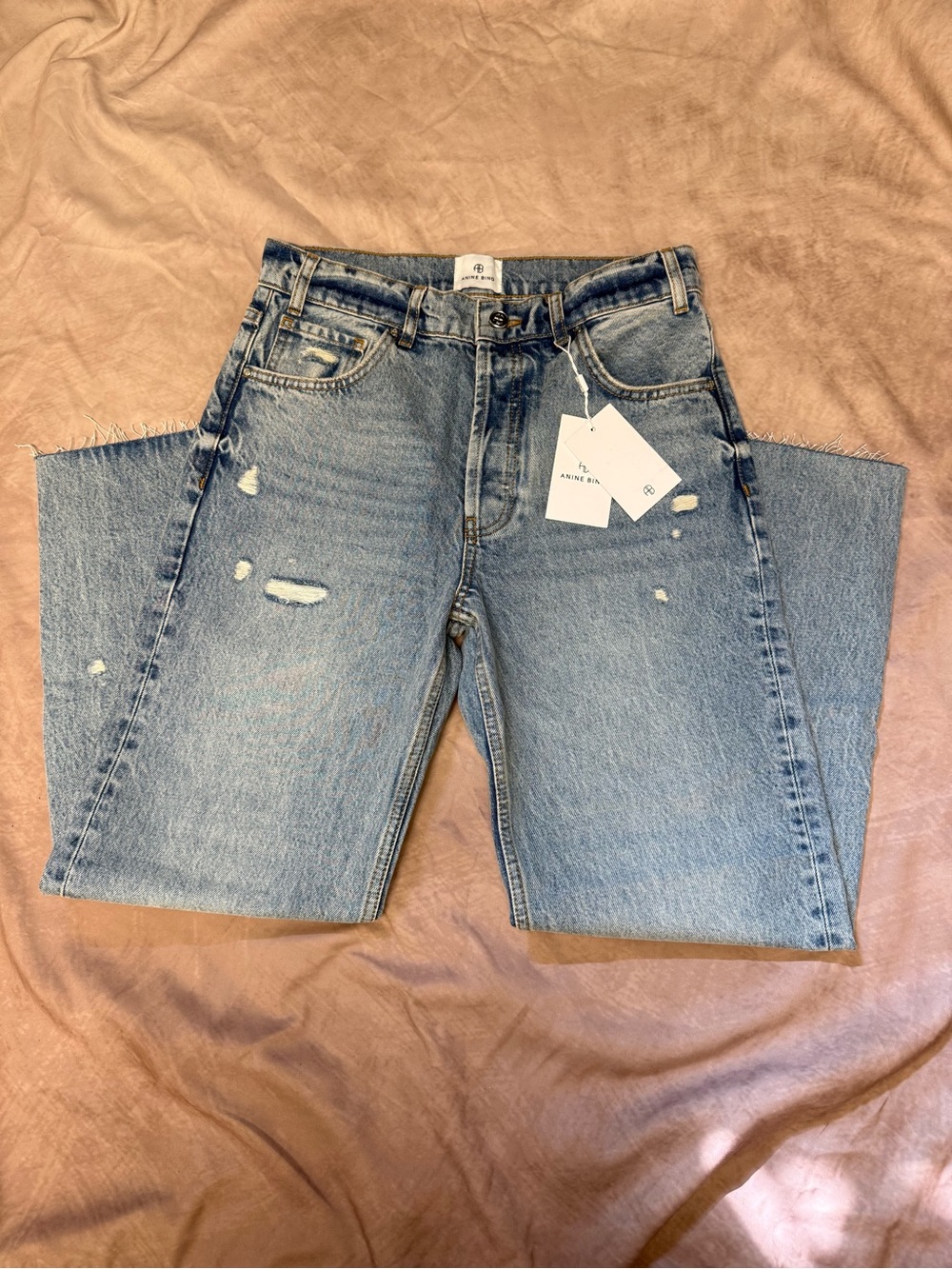 NWT Anine Bing Gavin Jeans Size 27 Blue Reservoir Distressed Straight Raw Hem